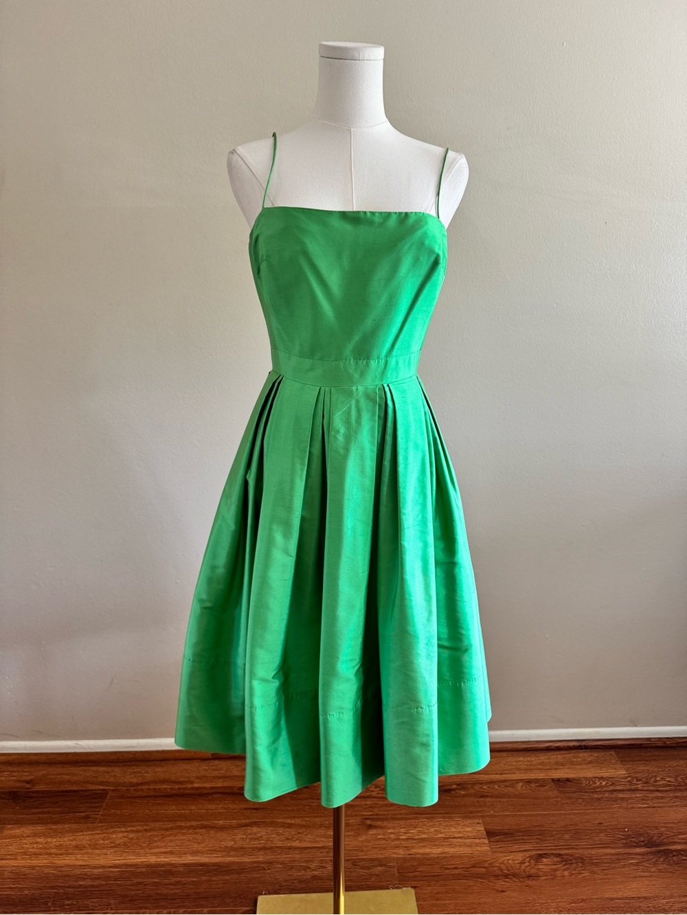 Vintage 100% Silk Emerald Green Spaghetti-Strap Pleated Midi Dress